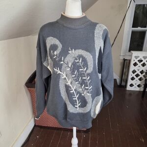 Sabree Abstract Art Knit Sweater Mock Neck Gray Wool Blend Size L